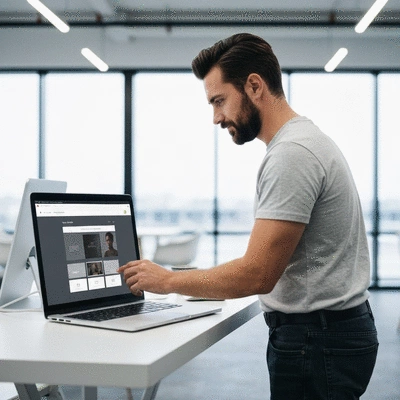 Webmaster working on a laptop with website analytics on screen, showing growth and positive trends, clean image, no text.